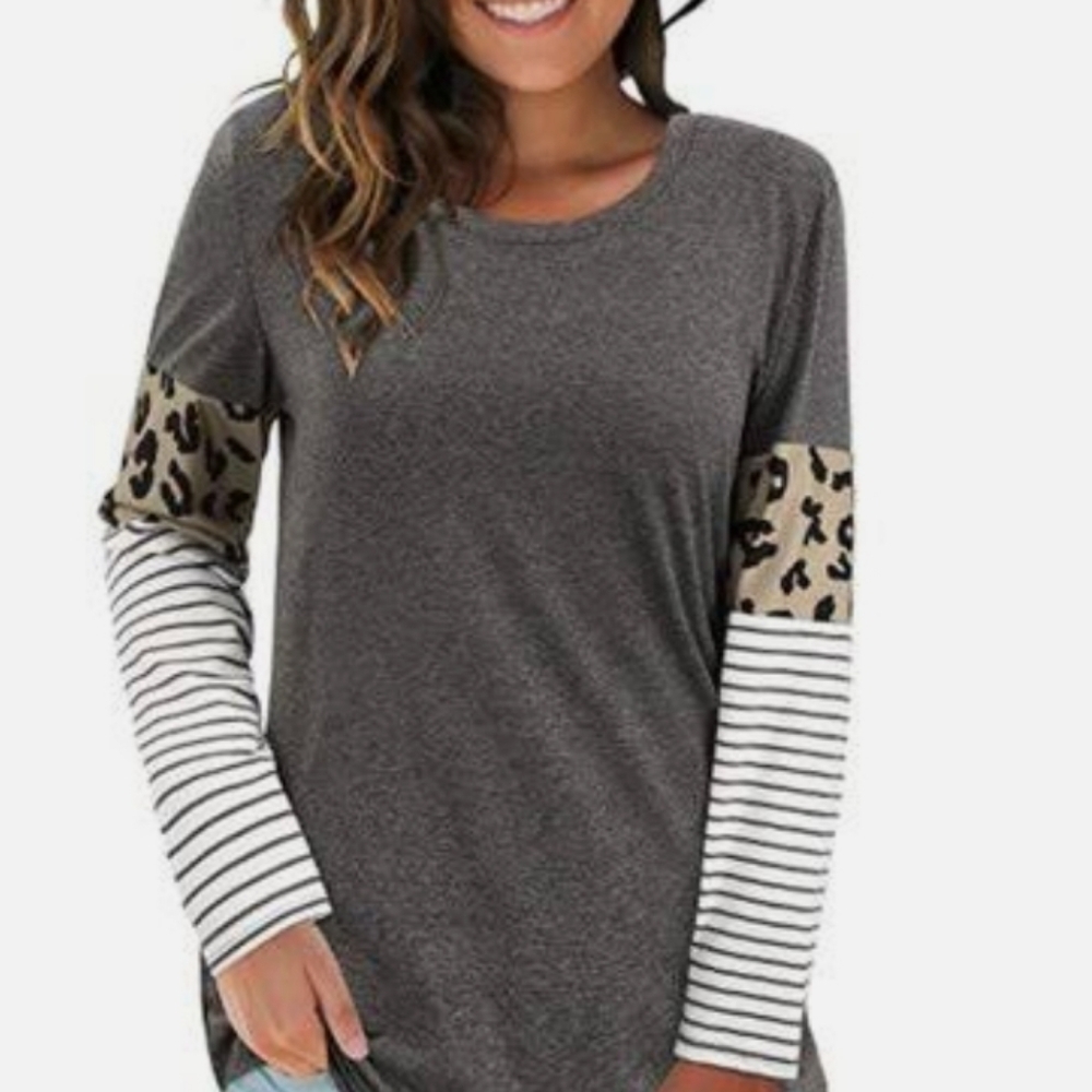 Casual Stripe/Leopard Long Sleeve Pullover Loose Lightweight Tunic Shirt Size L - Picture 1 of 3